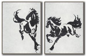 Set Of 2 Minimal Galloping Horses Painting - Black and White #SOTMA0B32