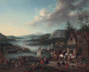 A River Landscape With Boats And Riders Halted At An Inn, 1745